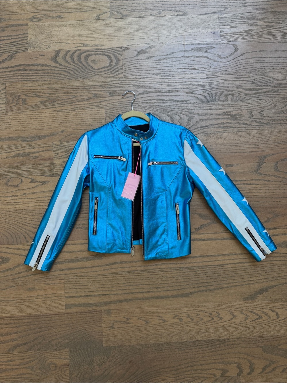 THE MIGHTY COMPANY Metallic Blue Motorcycle Jacket with White Stripes